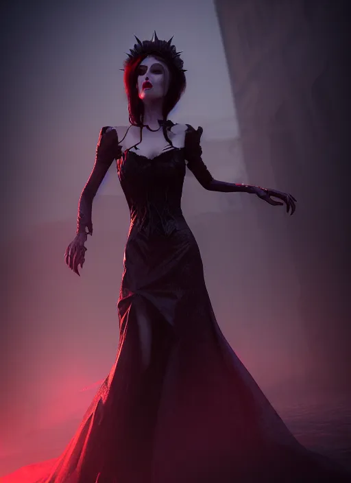 Image similar to realistic matte painting, full length portrait, the duchess of blood owns the las vegas night, vampire, highly detailed, CGsociety, subtle, concept art, HDR, hyper realistic, volumetric lighting, subsurface scattering, unreal