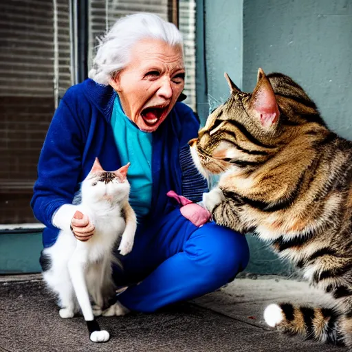 Image similar to elderly woman screaming at a cat, canon eos r 3, f / 1. 4, iso 2 0 0, 1 / 1 6 0 s, 8 k, raw, unedited, symmetrical balance, wide angle