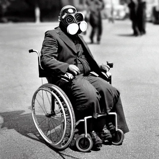 Image similar to gas mask guy in a wheelchair, realistic, old photograph