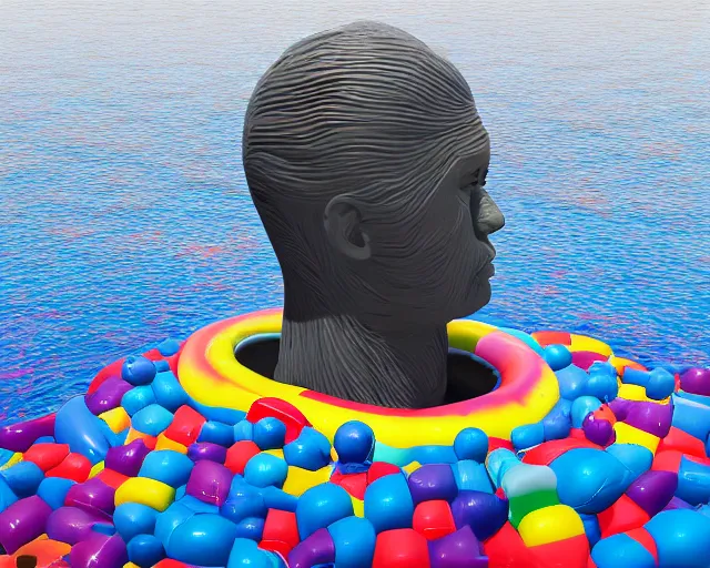 Prompt: a long shot of a giant award winning sculpture of a human head made out of a lot of inflatable pool toys, on the surface of the ocean, in the style of chad knight, hyper detailed, hyper realistic, ray tracing, 8 k resolution, sharp focus, realistic water