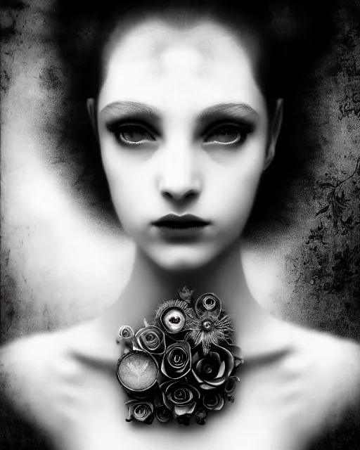 Image similar to a black and white high quality dreamy photo of a young beautiful female queen-pale dragon-vegetal-many big steampunk flowers-cyborg bust with a very long neck, elegant, highly detailed, poetic, soft, dreamy, mysterious, high fashion, in the style of Diane Arbus, Realistic, Refined, Digital Art, Highly Detailed, Cinematic Lighting, rim light, black and white, photo-realistic, 8K
