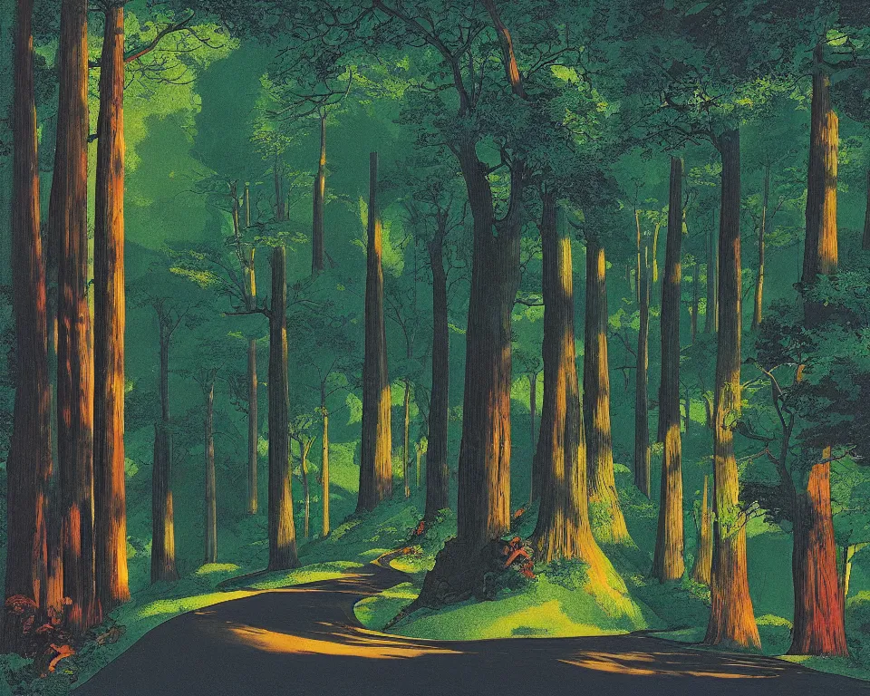 Prompt: a road weaving through rolling hills from the edge of a fantasy redwood forest at dusk. perspective landscape fantasy. high contrast, strong shadows. deep colorful soft gradients, and translucence. by norman rockwell, johfra bosschart, and eyvind earle. artstation