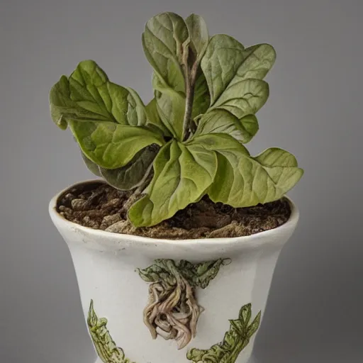 Prompt: fantasy mandrake root, in the ornamented porcelain pot, in the style of botanical illustration