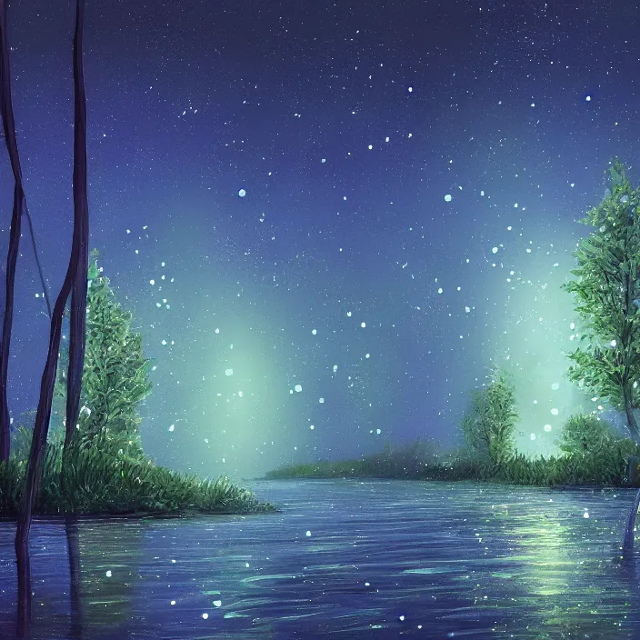 Image similar to lake trees night fireflies glowing above water digital painting concept art