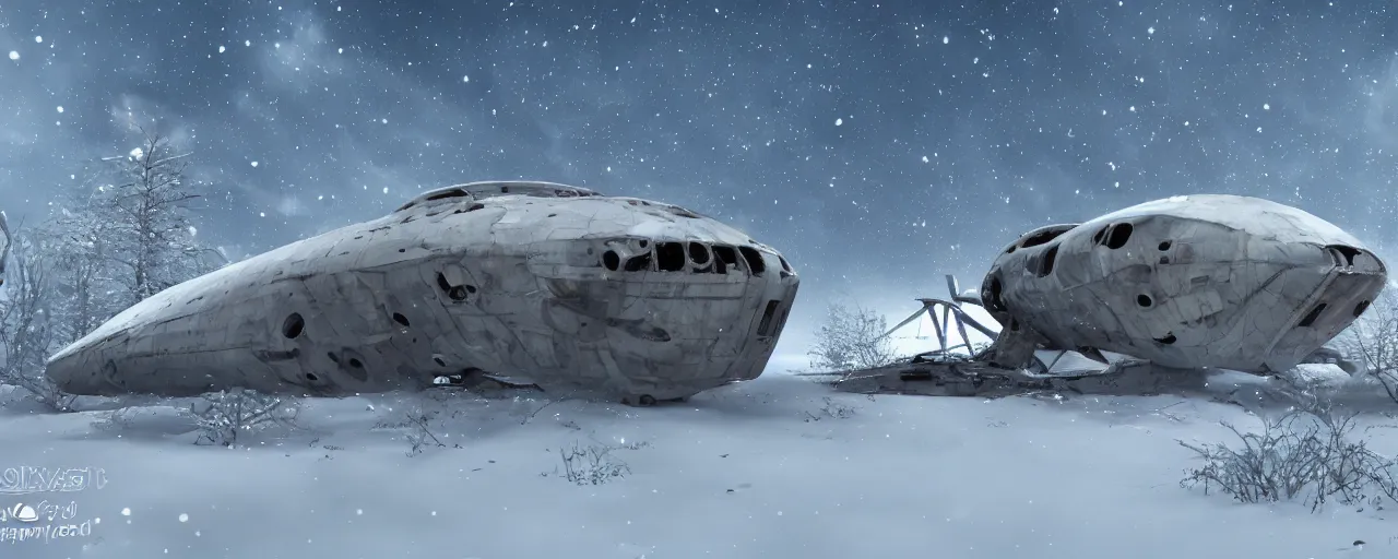 Image similar to abandoned starship in covered in snow, hyper detailed, ultra realistic