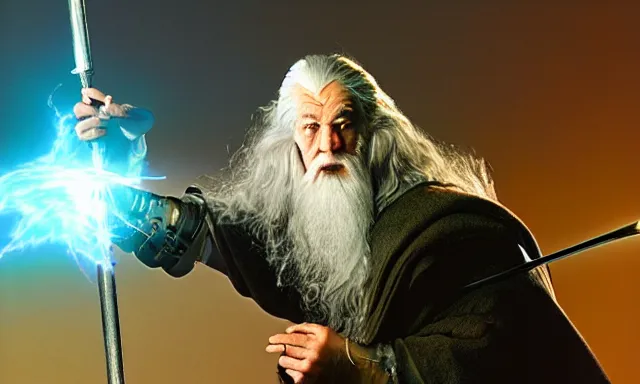 Prompt: cyber - gandalf with robotic arm holding an electronic spear battling a balrog 3 5 mm photograph