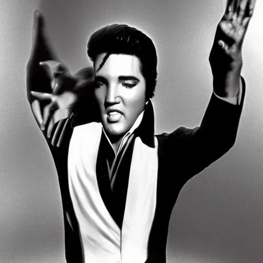 Image similar to black and white photograph of elvis dancing, in an alien spaceship