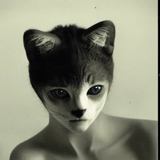 Image similar to First human cat hybrid, circa 1978, photography