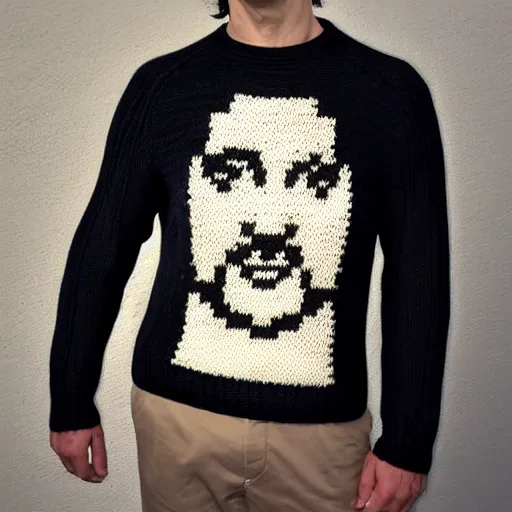 Image similar to a hand knit wool sweater with an keanu reeves face pattern