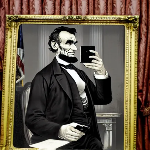 Prompt: Abraham Lincoln taking a selfie in the oval office