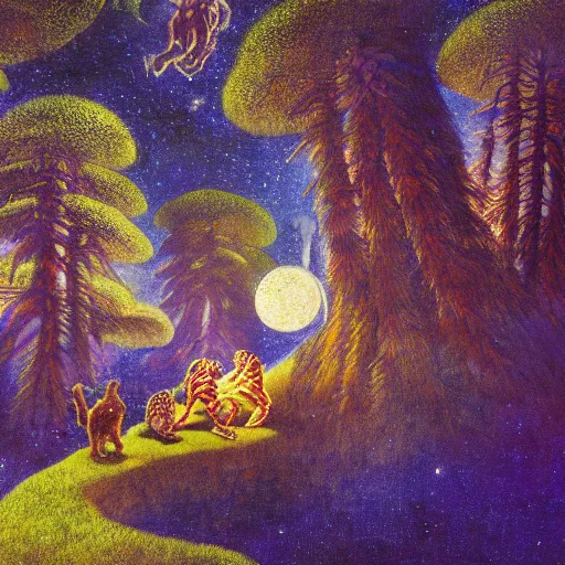 Image similar to psychedelic small cats hidden lush pine forest, outer space, milky way, designed by arnold bocklin, jules bastien - lepage, tarsila do amaral, wayne barlowe and gustave baumann, cheval michael, trending on artstation, star, sharp focus, colorful refracted sparkles and lines, soft light, 8 k 4 k