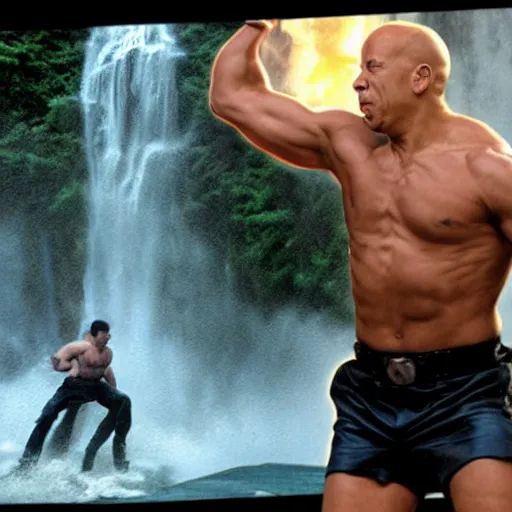 Image similar to Vin Diesel punching an alien wearing a Sombrero in the face, in front of a waterfall