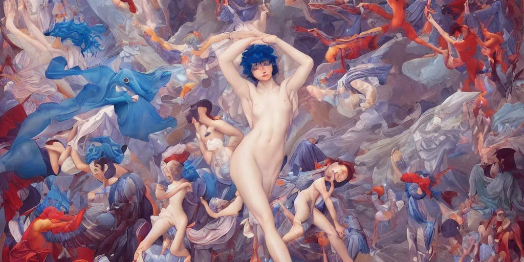 Prompt: gigantic renaissance angels painting soft light by james jean and satoshi kon and erik jones, inspired by evangelion, smooth feature, intricate oil painting, high detail illustration, sharp high detail, klein blue 1 9 9 9