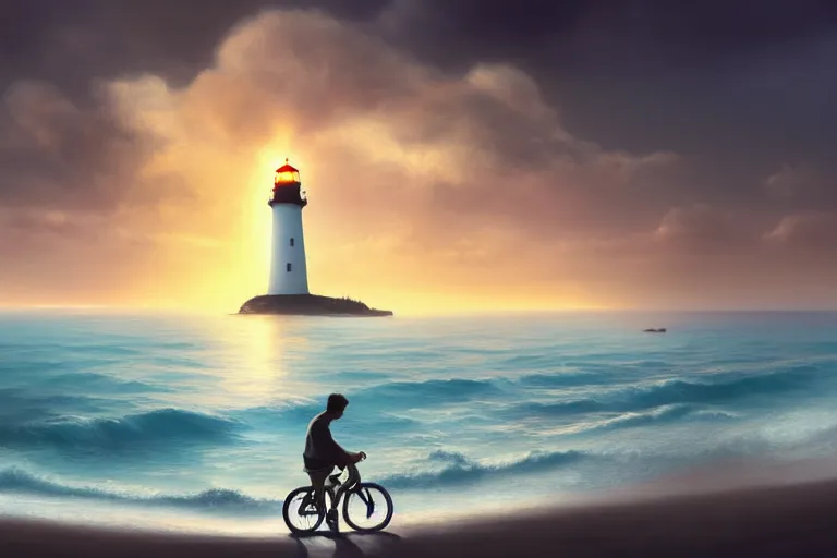 Image similar to photo of man riding a bicycle along the beach, glowing underwater toward a lighthouse in the distance guiding his way, silhouette, wide horizon, large white clouds, night, intricate, elegant, highly detailed, digital painting, artstation, concept art, smooth, sharp focus, illustration, art by artgerm and greg rutkowski and fra angelico