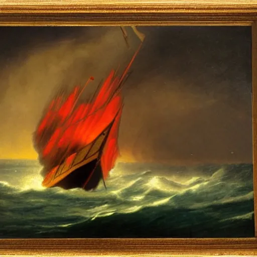 Image similar to large ship being tossed about in a fiery storm in the sea, dark, low light, terrifying, beautiful, raja ravi varma painting