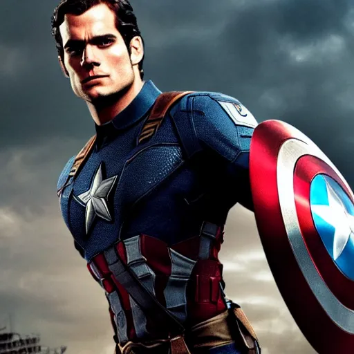 Prompt: if Henry Cavill was captain America, cinematic, epic, cool, photo realistic, 4k, high detail