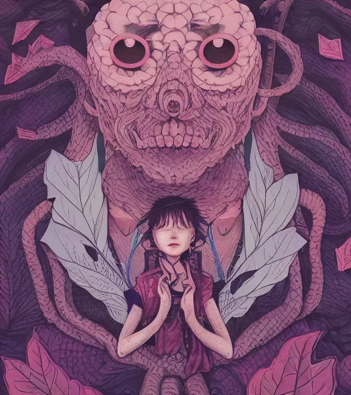 Prompt: portrait, nightmare anomalies, leaves with a dragon by miyazaki, violet and pink and white palette, illustration, kenneth blom, mental alchemy, james jean, pablo amaringo, naudline pierre, contemporary art, hyper detailed