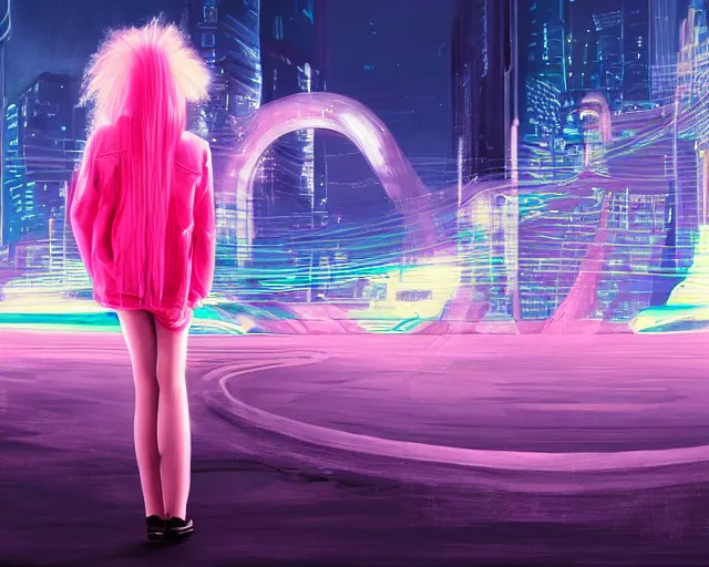 Prompt: Lady with pink hair staring into Centrentropy standing in a city scape of the unknown by Ohrai Noriyoshi, discord taken from life, cynicalism of the ninth dimension, splitting mass into a transferance of light, background of a neon dimension of vivid reality, HD, illustration trending on artstation,