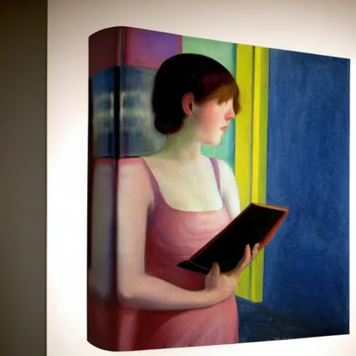 Prompt: close up of a girl with a book, film still by edward hopper, by gottfried helnwein, by klimt, art noveau, highly detailed, strong lights, liminal, eerie, bright pastel colors,