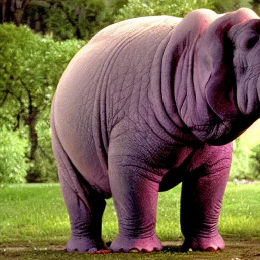 Prompt: the legend of big sir large purple elephant hippo monster, film still