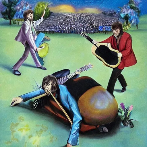 Prompt: the beatles band members riding beetles into a fight, fantasy art