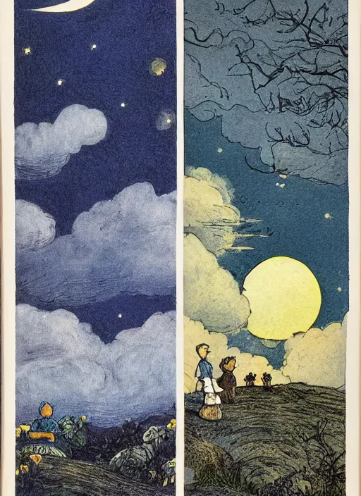 Prompt: sky transitioning from day to night, one half is sunny, other half is starry and dark, illustrated by peggy fortnum and beatrix potter and sir john tenniel