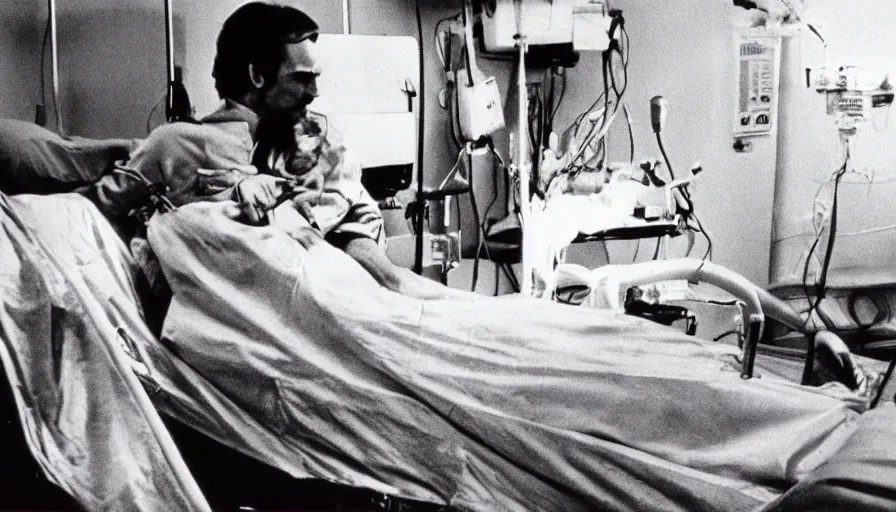 Prompt: 70s movie still of a ill skinny man in hospital, eastmancolor, heavy grain, high quality, higly detailed, liminal space