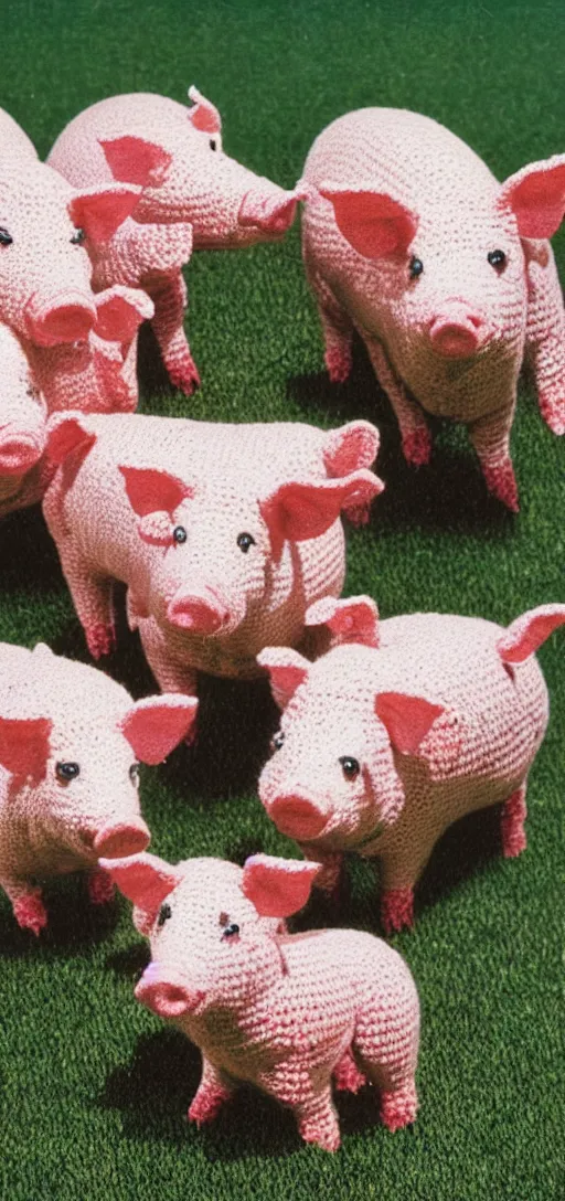 Image similar to multicolored crocheted pigs, 1 9 8 0 s catalogue photo