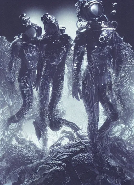 Image similar to astronauts divers in dark void underwater - complex and hyperdetailed technical suit design. reflection and dispersion materials. rays and dispersion of light. volumetric light. f / 3 2. noise film photo. flash photography. ultra realistic, 5 0 mm. poster by wayne barlowe, hajime sorayama aaron horkey, craig mullins