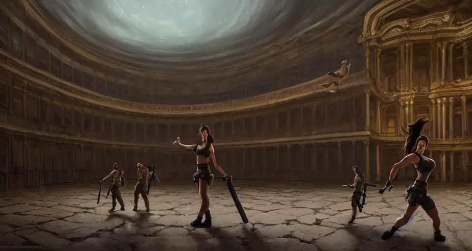 Image similar to lara croft exploring an italian opera house with numerous musclebound goons patrolling the area, by wlop and greg rutkowski, extremely detailed shading, concept art, digital painting, trending on artstation, unreal engine 5, octane render, atmosphere, lens flare, glow, cinematic lighting, full of color