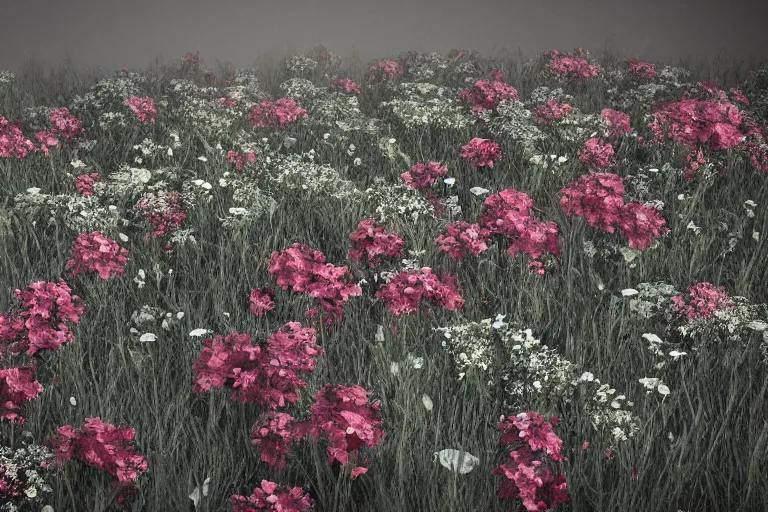 Image similar to overgrown with flowers heckler & koch mp 7 ai. octane render. substance painter painter. black, matte metal. flower field. strong light with dabbled shadows. photoreal.