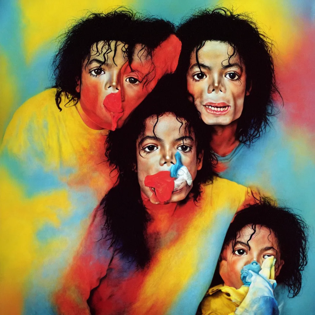 Image similar to award winning photo of michael jackson smelling children, vivid colors, happy, symmetrical face, beautiful eyes, studio lighting, wide shot art by Sally Mann & Arnold Newman