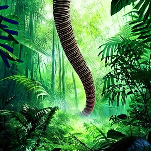 Prompt: « a group of people lost in a detailed jungle with luminescent plants and beautiful tall trees, but there is a giant worm that is hidding »