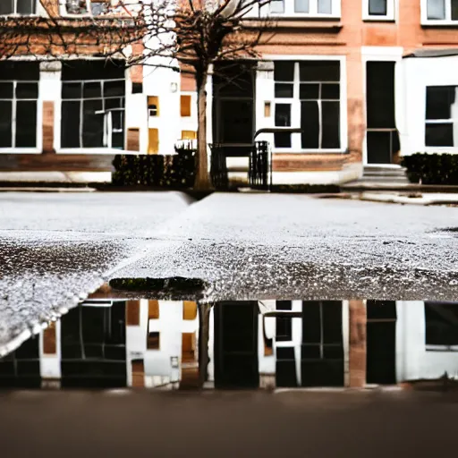 Image similar to realistic photo of puddle on sidewalk, buildings in reflection