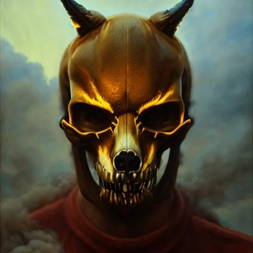 Prompt: ( ( ( ( ( hyperrealist distant portrait of a man wearing a skull fox mask in hell where it rains fire and smoke. ) ) ) ) ) by donato giancola, fantasy, photorealistic, octane render, unreal engine, dynamic lighting, trending on artstation, poster, volumetric lighting, very detailed faces, 4 k, award winning