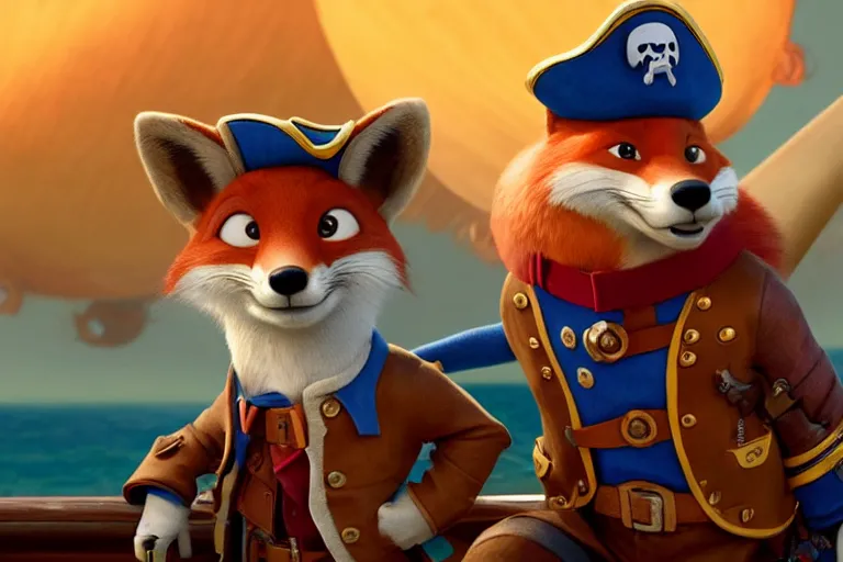 Prompt: promotional image of a fox as a pirate captain in the new pixar movie, very detailed face, movie still frame, promotional image, imax 70 mm footage, oil painting, illustration, concept art