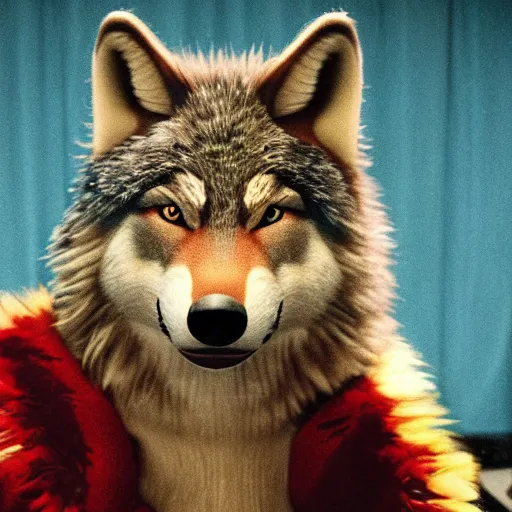 Prompt: a stern anthro wolf in Wes Anderson's movie, movie wallpaper, studio lighting