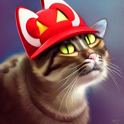 Image similar to Portrait of a Cat wearing a Mario hat, kawaii aesthetic, nintendo, highly detailed, digital painting, artstation, concept art, smooth, sharp focus, illustration, art by artgerm and greg rutkowski and alphonse mucha