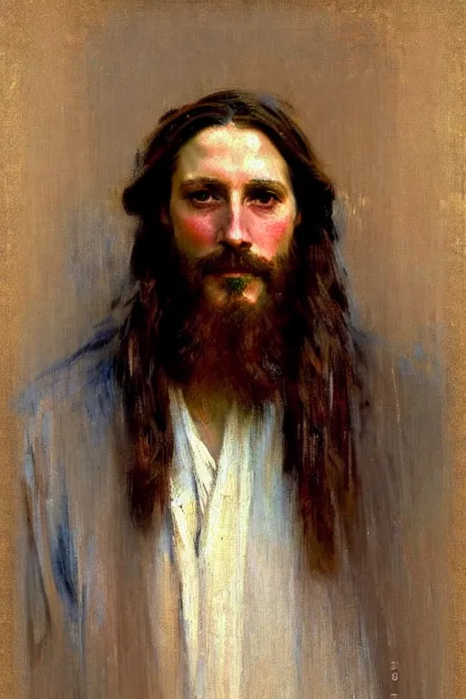 Image similar to impressionist brushstrokes!!!!!!!!! solomon joseph solomon and richard schmid and jeremy lipking victorian loose genre loose painting full length portrait painting of jesus with a slight smile happy inviting