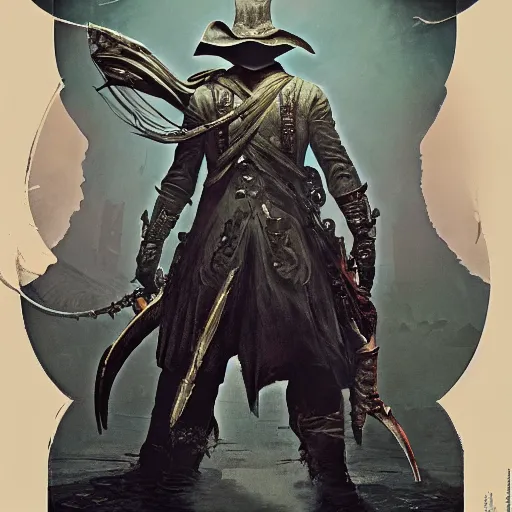 Image similar to an ultra detailed vector image of the hunter from bloodborne fighting a big daddy, concept art by alphonse mucha and greg rutkowski, scary shadows, blood moon eclipse, polaroid octane render, laminal space