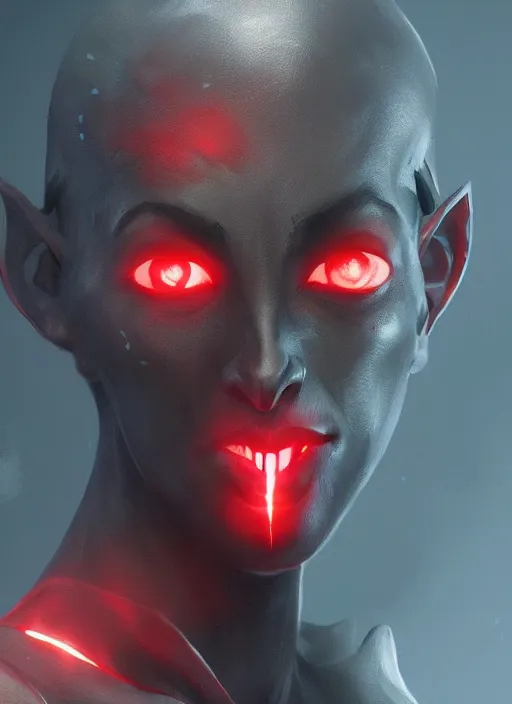 Image similar to portrait painting of a gray dark elf with red glowing eyes, artstation, nvidia, vray