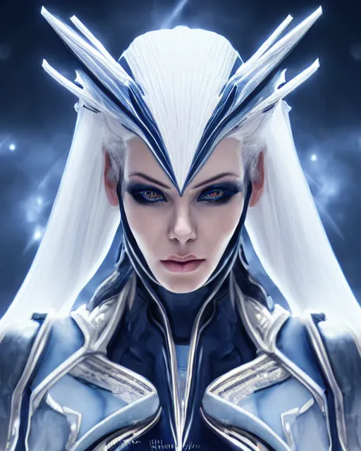 Image similar to perfect white haired attractive egyptian goddess, warframe armor, beautiful, symmetric, dreamy, half asian, pretty face, blue eyes, charlize theron, detailed, scifi platform, laboratory, experiment, 4 k, ultra realistic, epic lighting, android body, illuminated, cinematic, masterpiece, art by akihito tsukushi, voidstar