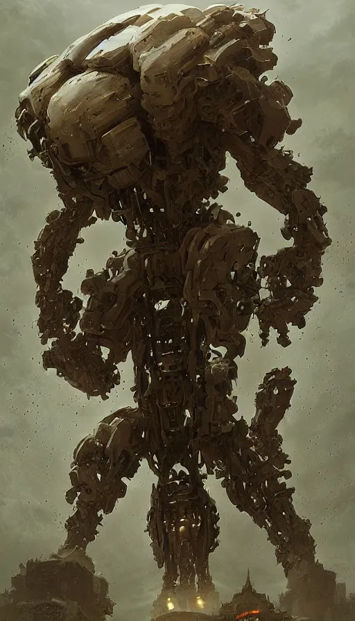 Prompt: towering massive biomechanical golem, deviantart, by greg rutkowski, green, shot from drone