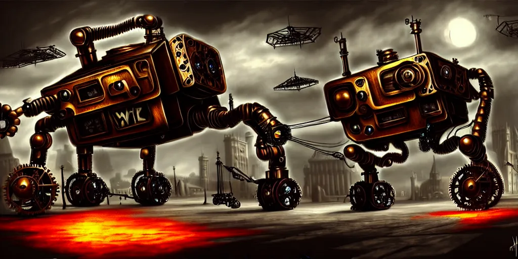 Prompt: steampunk robot wars, digital art, hyperrealistic, fantasy art, matte painting, 4K