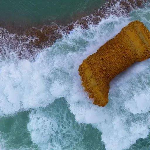 Image similar to cnn news footage of giant donald stump, blond hair being washed up on shore, view from above, tv