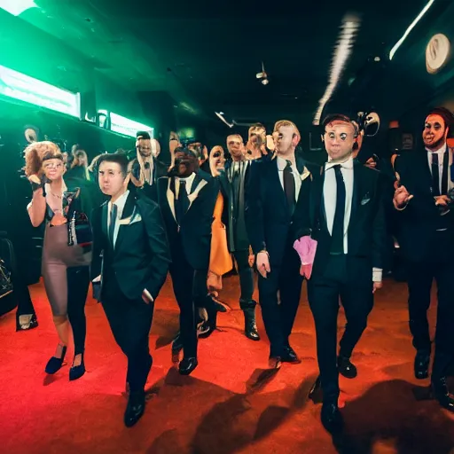 Prompt: cinematic shot of a group of anthropomorphic cute puppies wearing suits walking into a nightclub surrounded by beautiful women and bodyguards, 8k, dslr, suave,