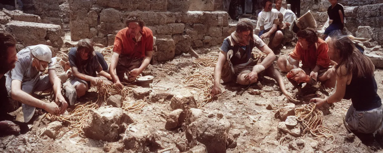 Image similar to archaeologists discovering ancient ruins of spaghetti, canon 5 0 mm, high detailed face, facial expression, cinematic lighting, photography, retro, film, kodachrome