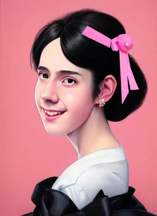 Image similar to portrait of high school girl, realistic, black hair, bangs, half updo hairstyle, pointy nose, skinny, smile, ugly, defined jawline, big chin, pink hair bow, earrings, intricate, elegant, glowing lights, highly detailed, digital painting, artstation, sharp focus, illustration, art by wlop, mars ravelo and greg rutkowski