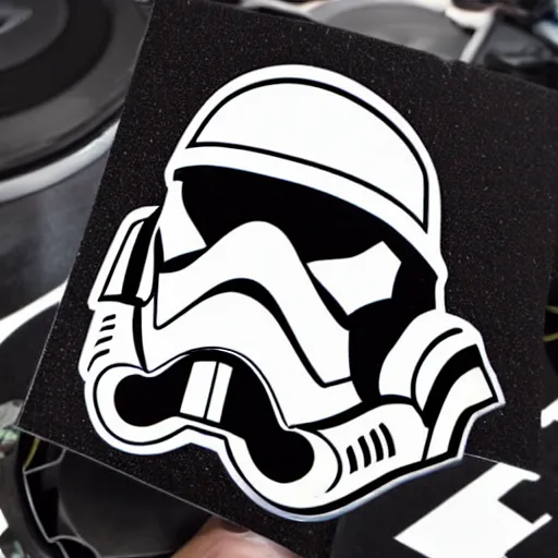 Image similar to svg sticker of a Pop-Wonder Storm-Trooper-Mandolorian-Helmet-Head-Hero-Villain at a rave, spinning records, giant headphones rocking out, wearing headphones, huge speakers, dancing, rave, DJ, spinning records, digital art, amazing composition, rule-of-thirds, award-winning, trending on artstation, featured on deviantart