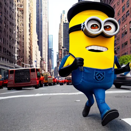 Image similar to 4 k photo of a giant minion walking in new york city, tourists are running in fear